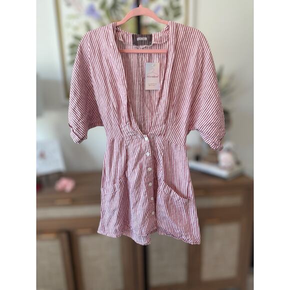 Reformation 100% Linen Striped Cecilia Kimono Mini Dress Red White Womens Size 4 - Picture 10 of 15